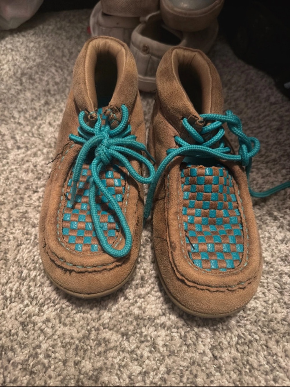 Twisted X Brown Suede Kids Moccasins with Teal Accents